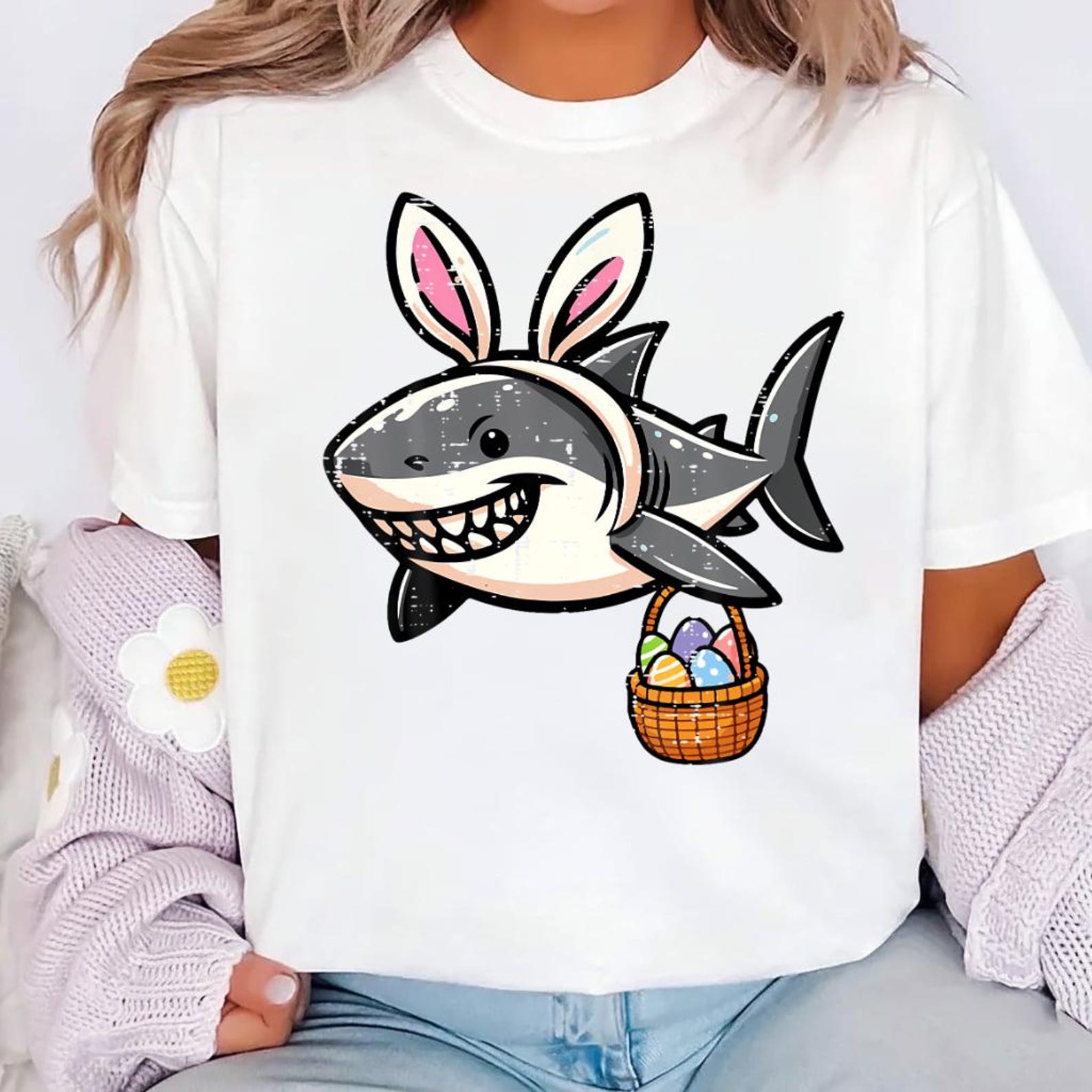 Shark Bunny Easter T-Shirt, Funny Shark with Bunny Ears Tee 3XL