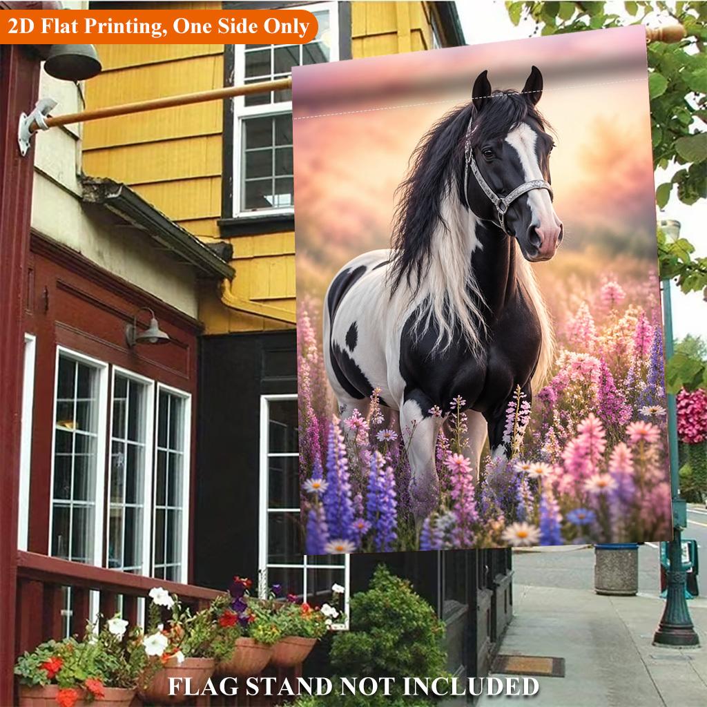 Beautiful Horse in Flower Field Single Sided Polyester Garden Flag - Single-Sided, Polyester, Outdoor Yard Decor