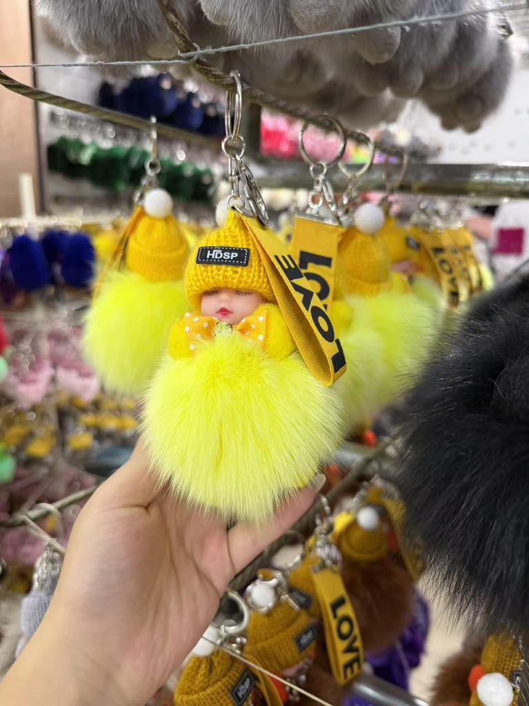 Authentic Fox Fur Pompon Keychain: Cute Plush Sleeping Doll Bag Charm