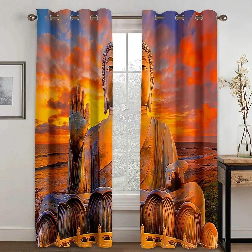 Stone Indian Buddha Statue Zen Lotus Cheap 2 Pieces Thin Window Curtains for Living Room Bedroom Decor Two Drape