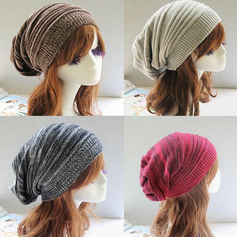 Winter Unisex Mixed Color Cotton Striped Hat High-quality Knit Wool Baggy Beanie Hats Winter Outdoor Windproof Warm Elastic Hat