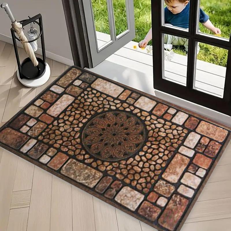 Vintage Stone Mosaic Welcome Print Doormat, Non Slip Entrance Rug, Durable Washable Floor Mat for Front Door Porch Patio Decor