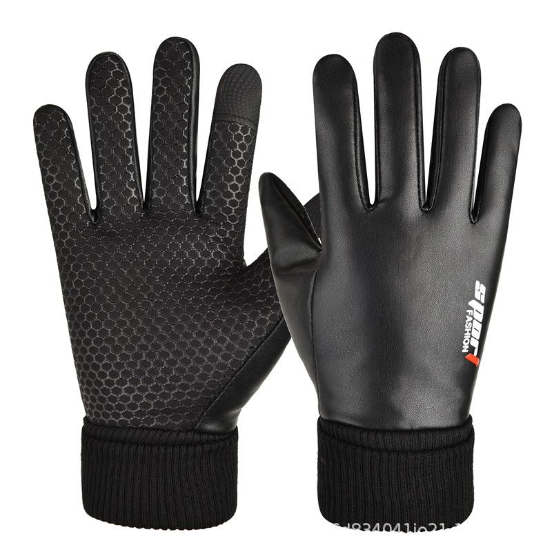Leather gloves men's winter outdoor sports velvet to keep warm