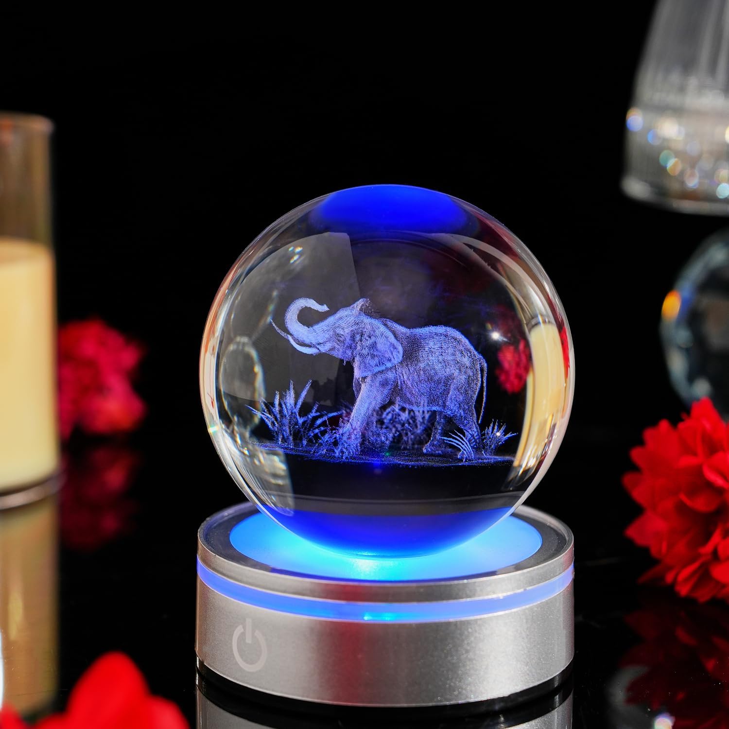 

3D Фигурка слона Хрустальный шар с красочной световой базой Подсветка для спальни Эстетичная Новинка Кольцевая лампа Атмосферный свет Шаровая лампа Подарок на день рождения серебряный