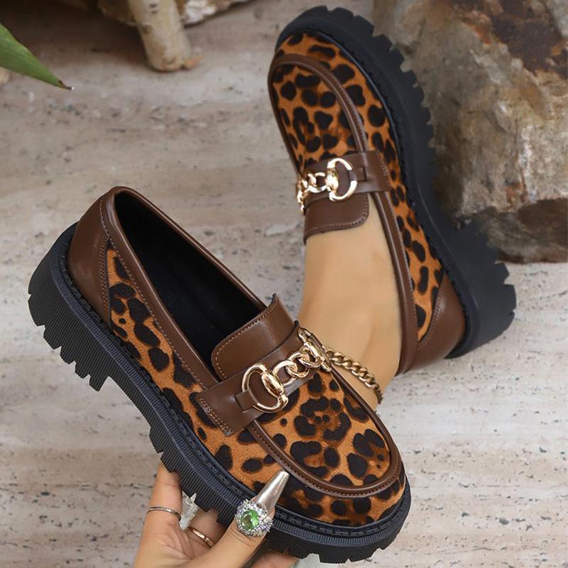 Retro Suede Leopard Loafers Shoes for Women Metal Decoration Round Toe Women's Loafers Casual Chunky Platform Shoes Lady