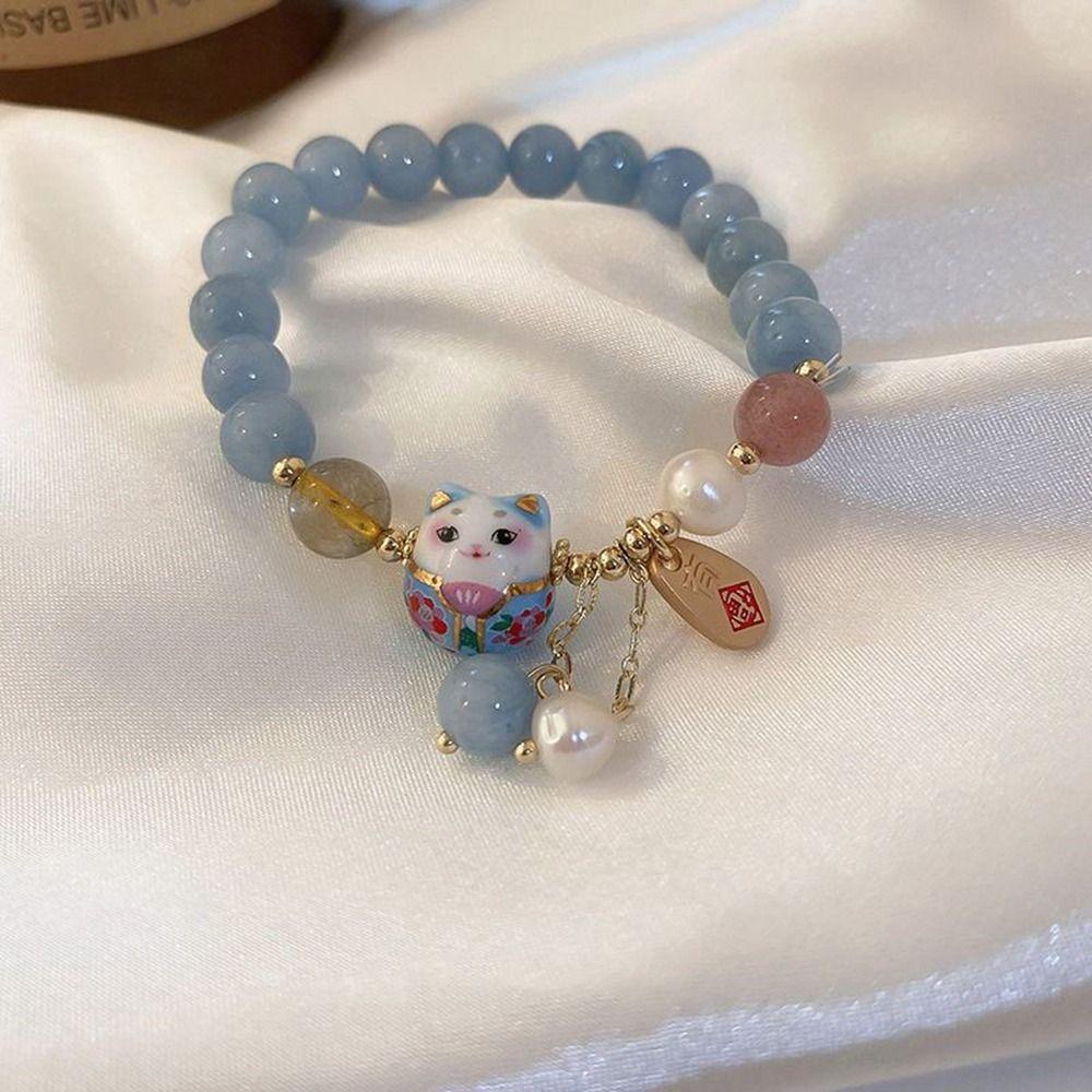 Neko Crystal Fortune Cat Stone Bracelets Bead Bracelets Korean Style Bracelets Female Hand Chain