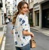 Women's Blue Floral Print Short Sleeve Button Down Shirt, Casual V-Neck Loose Blouse for Summer, Breathable Lightweight Top for Daily Wear & Vacation