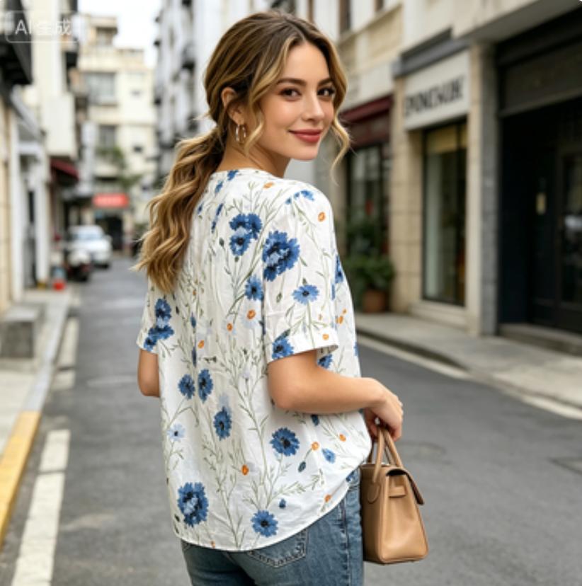 Women's Blue Floral Print Short Sleeve Button Down Shirt, Casual V-Neck Loose Blouse for Summer, Breathable Lightweight Top for Daily Wear & Vacation