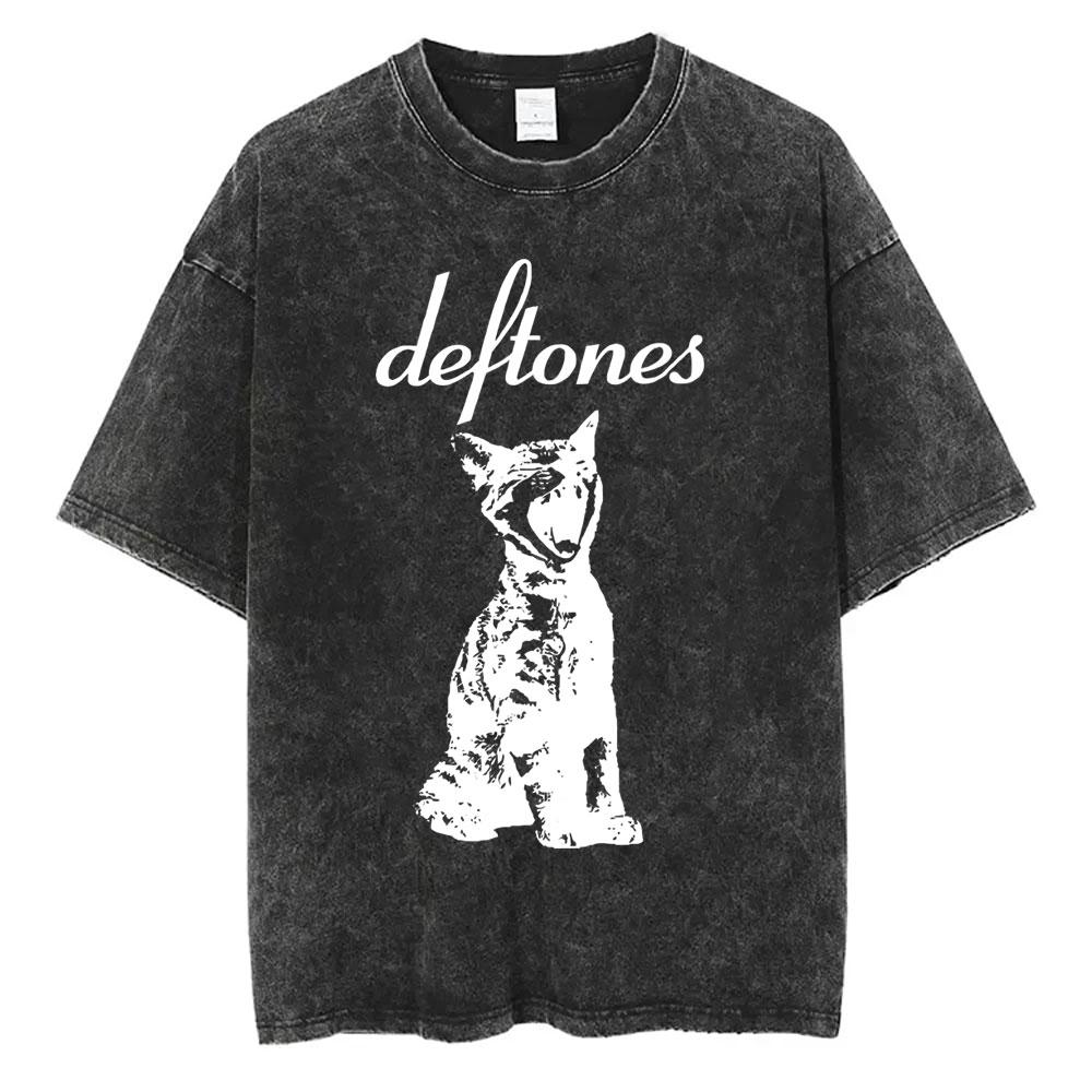 Washed Vintage Rock Band Deftones Cat Graphic Tshirts Men Alternative Heavy Metal Short Sleeve T Shirts Male Retro Streetwear