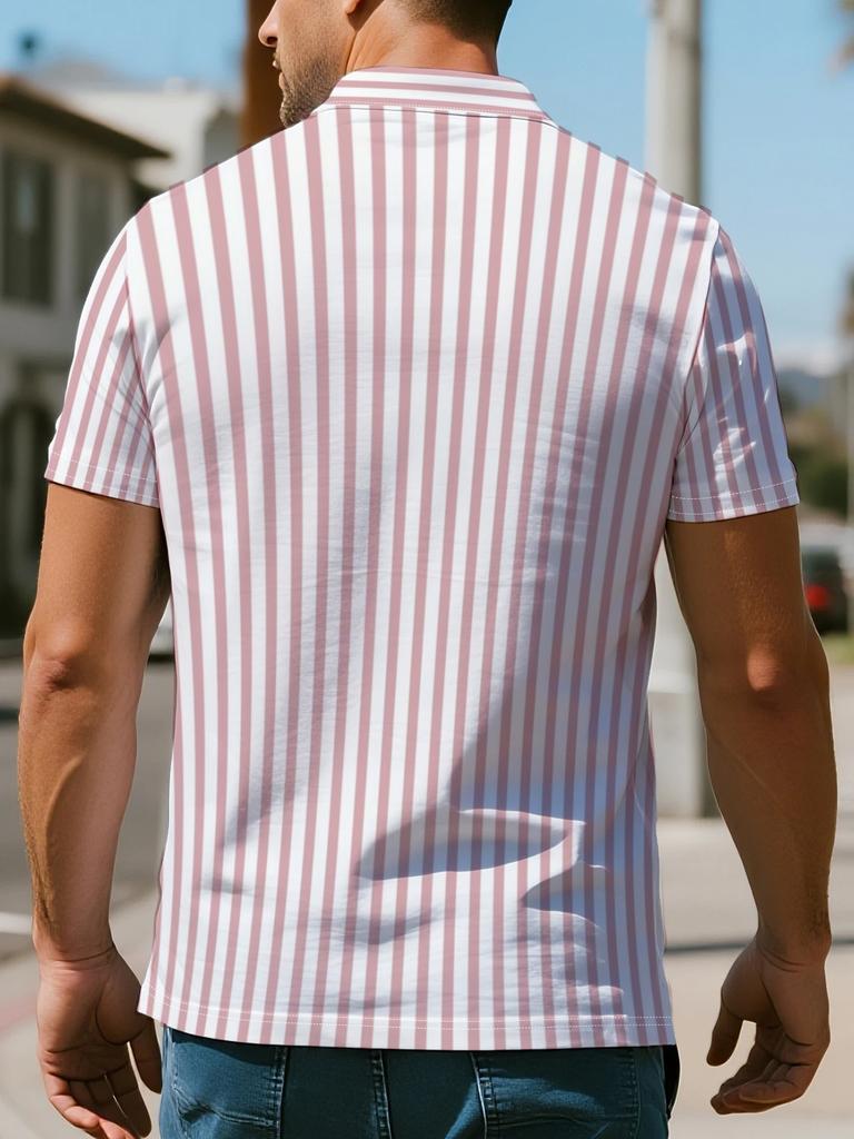 [Printed Design – Not Textured] Men'S Fashionable Light-Luxury Pink And White Striped Shirt, with a Turn- Collar And Short Sleeves, a Fresh Choice for