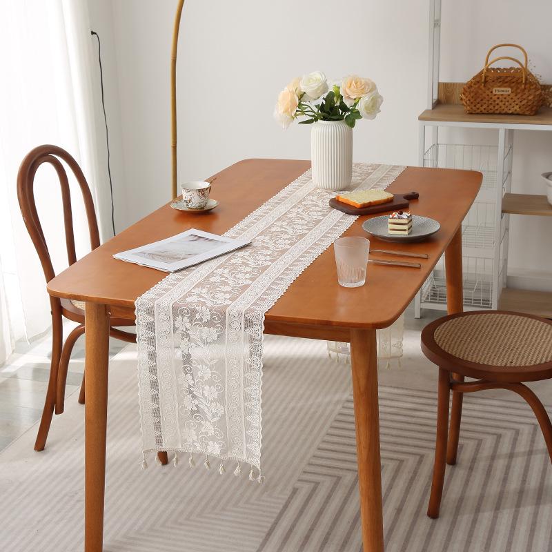 Elegant Nordic White Lace Table Runner with Crochet Tassels - Perfect for Dining or Coffee Tables, Ideal for Christmas Decor.