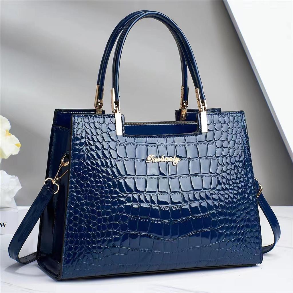WTEMPO Solid Color Simple Crocodile Patterned Mom Bags Versatile Women's Zipper Handbags Large Capacity Shoulder Crossbody Bags