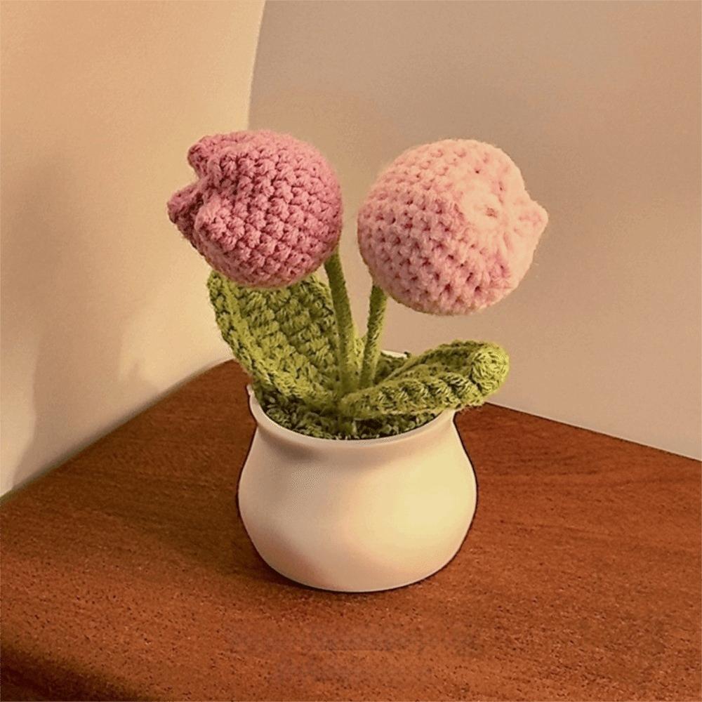 Hand Knitted Crochet Flower Doll Artificial Flower Potted Plant Wool Knitting Doll Forget-me-not Lily of The Valley