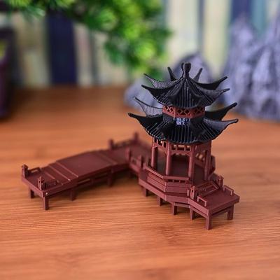 Čínský osmihranný pavilon Miniature - Krajinná dekorace ve starožitném stylu s platformou, skalkou pro akvárium, Zen zahradní displej
