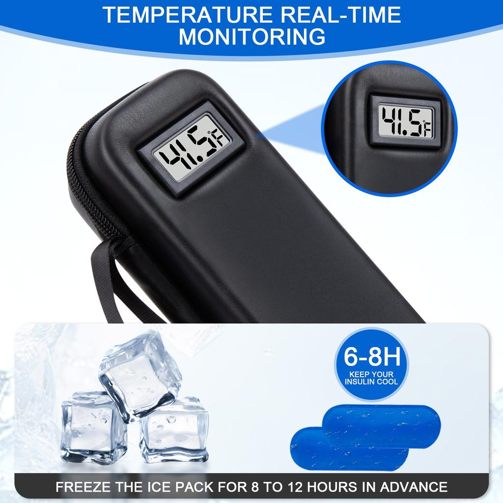 Geantă de călătorie pentru răcirea insulinei cu afișaj de temperatură - Geantă de călătorie pentru diabetici, răcitor refrigerat, geantă de călătorie cu 2 pachete de gheață aprobate pentru călătorie și uz zilnic