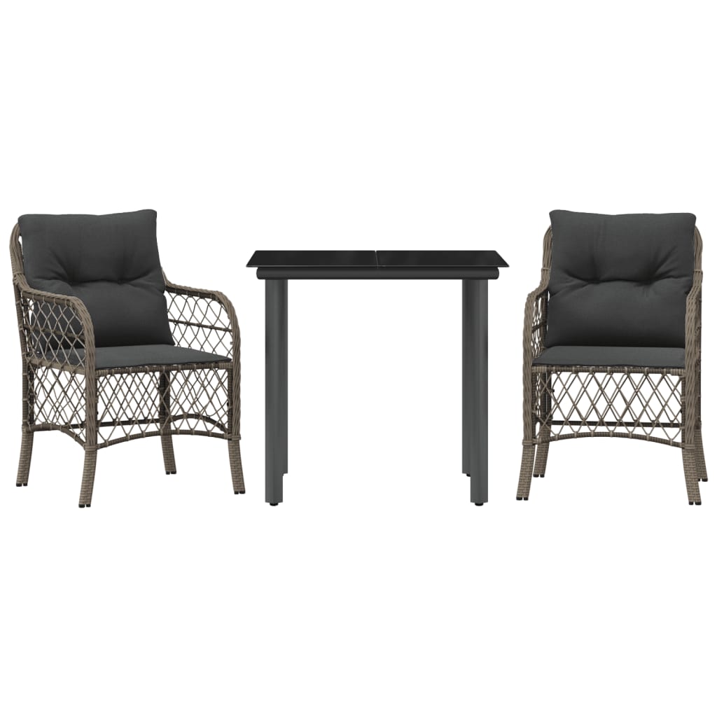 Vidaxl 3-Cz. Bistro Furniture Set with Cushions, Grey, Poly Rattan