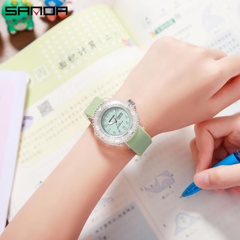 Sanda Student Sports Watch: Waterproof Quartz with Double Calendar, Transparent Case - Fashionable and Personalized for Kids.