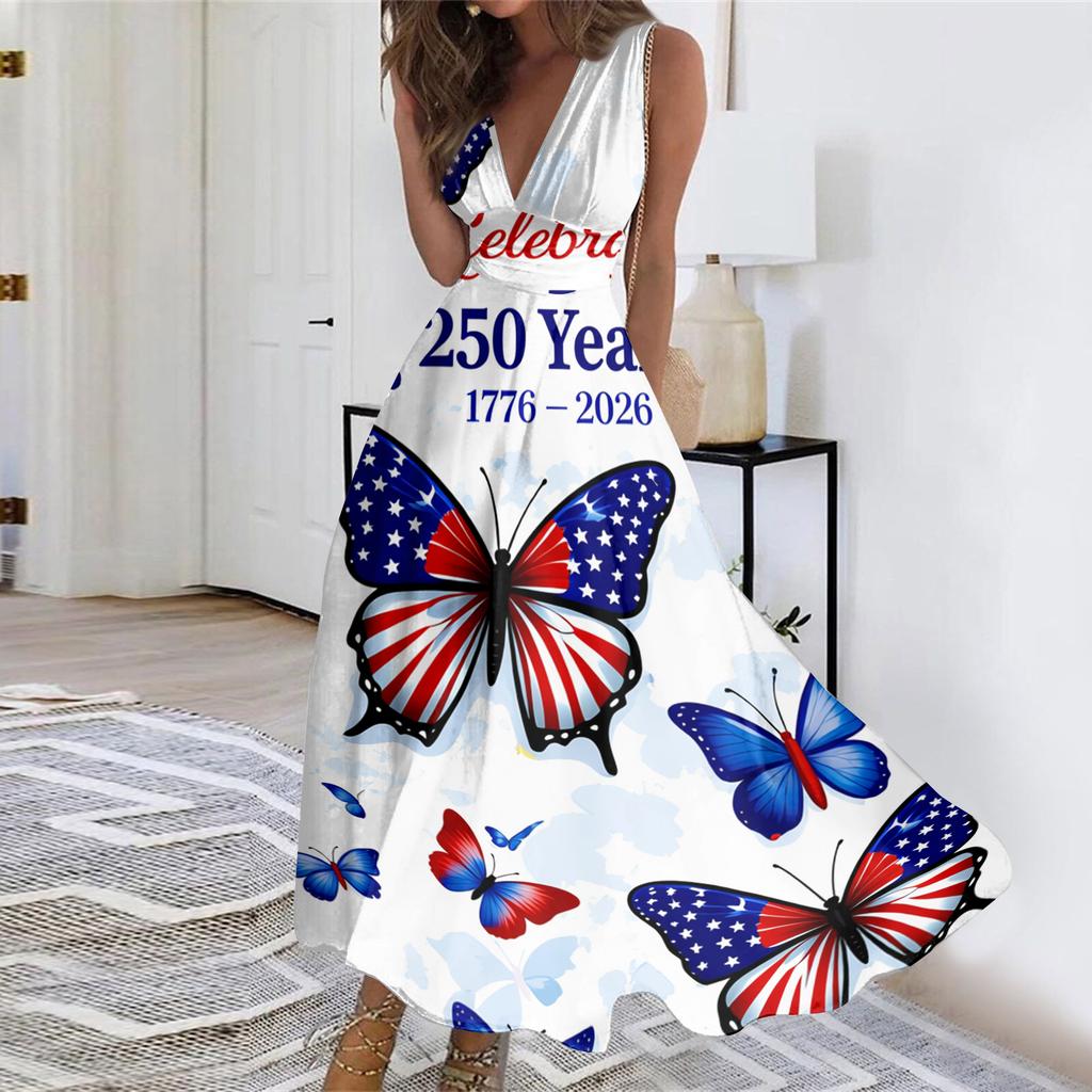 Women Sleeveless V Neck Waist Tie Maxi Dress with Independence Day Flag and Floral Print for Summer Casual Outings