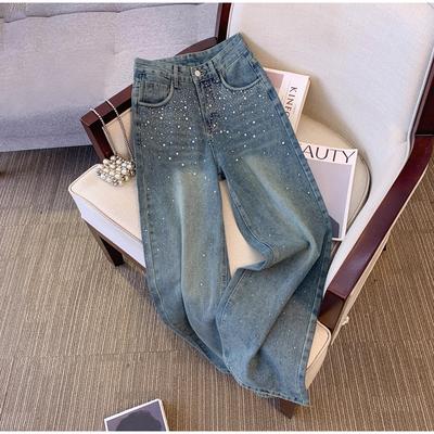 Slim Straight Wide Leg Jeans Women's Summer Plus Size High Waist Diamond Embellished Fashion Design Sense Narrow Version