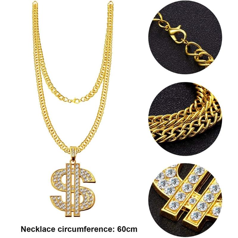 7pcs Hip Hop Costume Kit 80s/90s Outfits Cool Rapper Accessories Sunglasses Gold Plated Dollar Sign Chain Rings Necklace