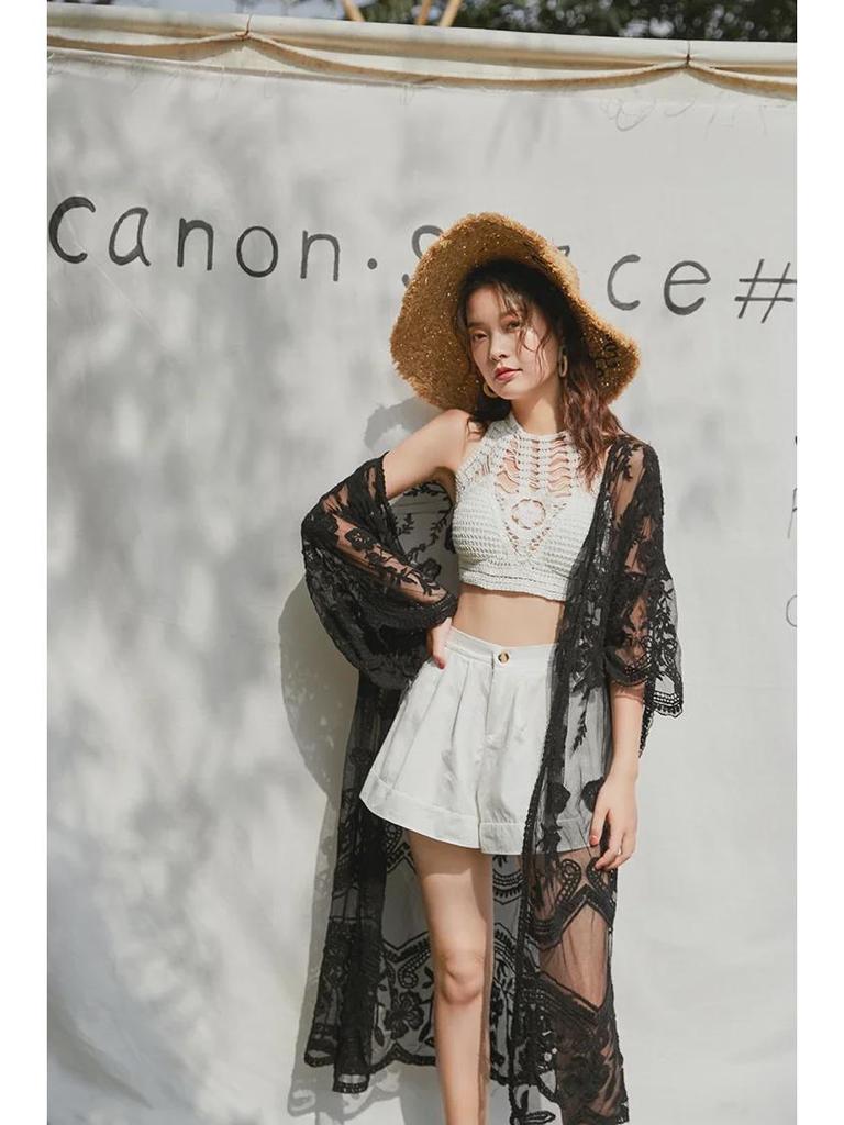 Women's Plus Size Black Lace Hollow-Out Mid-Length Summer Cardigan