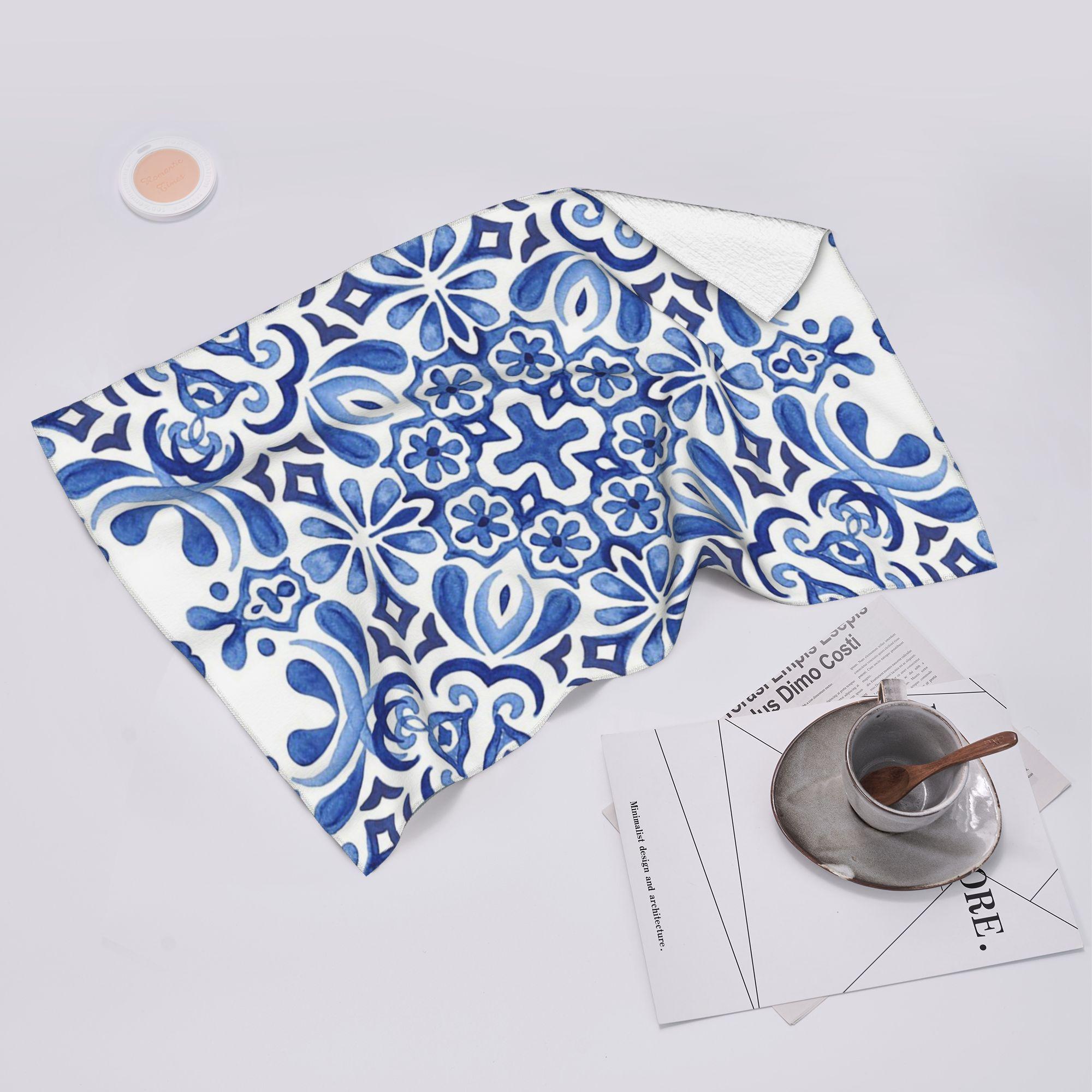 Ka Chen Muxi White Mediterranean Mosaic Tiles Azulejos Soft Face Towel Quick Dry Pool Bath Cotton Towels Absorbent
