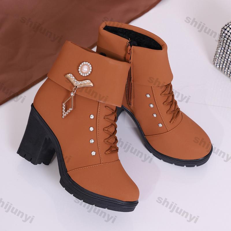 Fashion Women's High Heels Warm Cotton Boots Side Zipper Ankle Boots Fashion High Heels Ladies Casual Pumps Platform Heel Zapatos Mujer