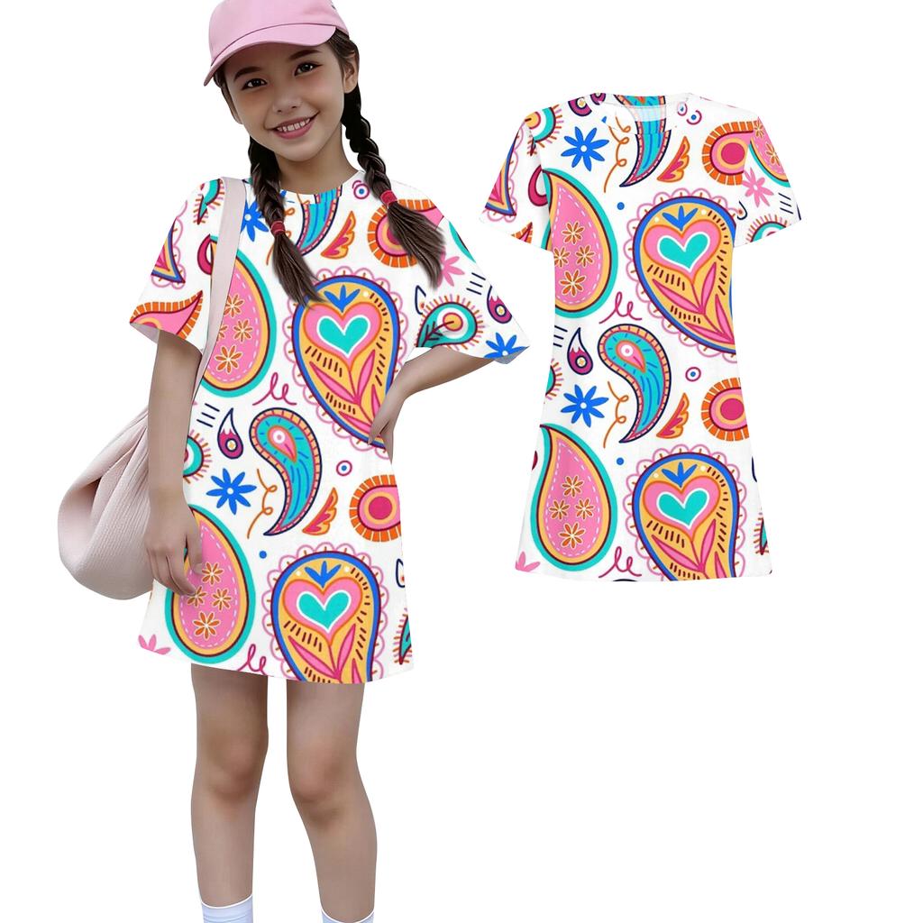 Girls Print Casual Dress Kids Loose Round Neck Short Sleeve Thin Sundress