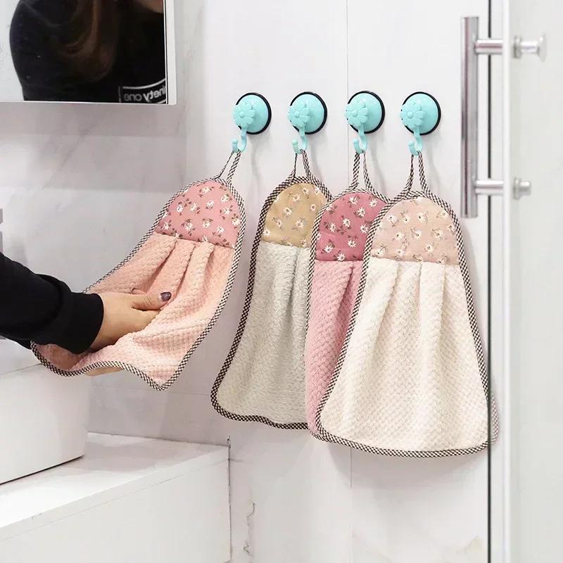 1 Pack Coral Fleece Bathroom Amenities Soft Hand Towels Absorbent Cloth Dish Cloth Hanging Cloth Kitchen Convenient Accessories LS