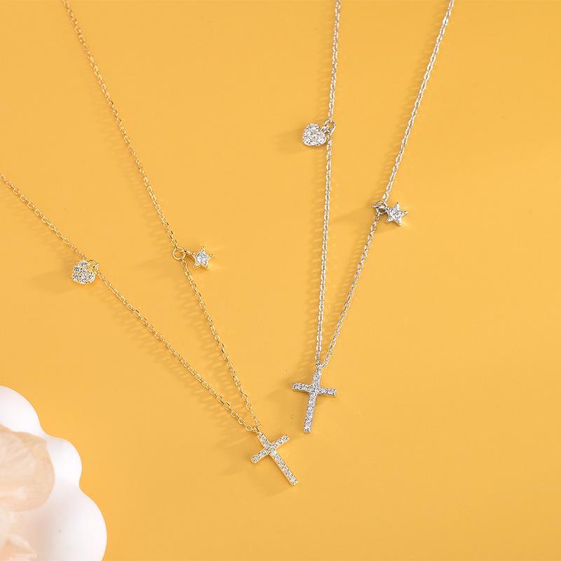 

Ожерелье из стерлингового серебра 925 пробы с корейским бриллиантовым крестом и кисточкой-звездой, нишевый дизайн для ключицы NS438-2 золотой