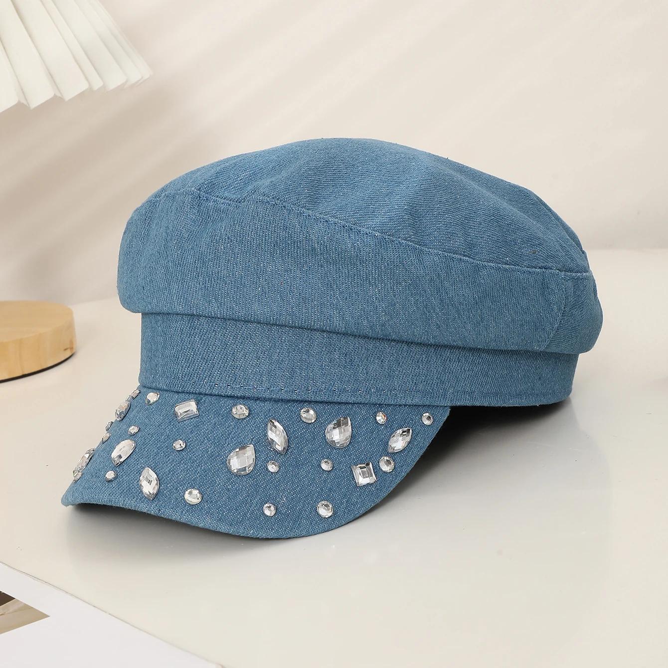 

Hat women fashion personality all-in-one cowboy beret water drop hot drill wide shade shade face small newspaper boy hat One Size темно-синий