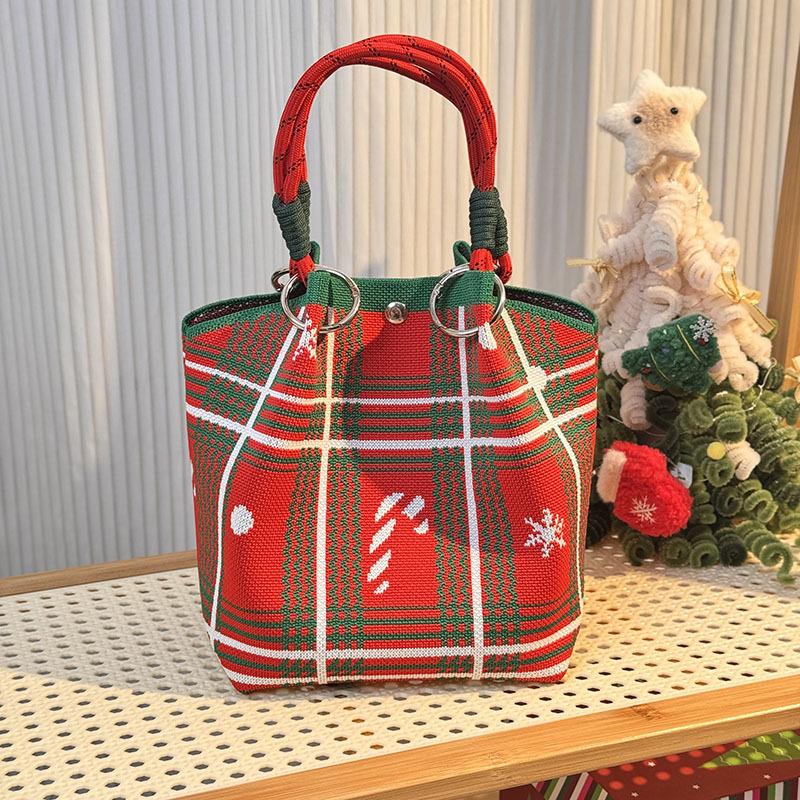 Cartoon Reindeer Santa Claus Knitted Bucket Bag For Women  Large Capacity Portable Handbag Christmas Knitted Gift Bag