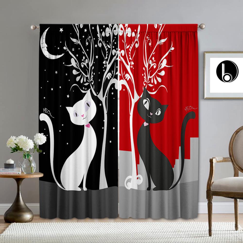2PC Home Decoration Curtains With Symmetrical Couple Pattern Background And Rod Pocket Curtains, Suitable For Kitchens, Cafes