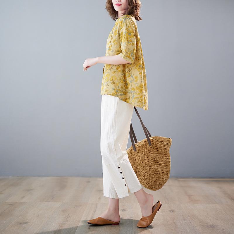 Women's Summer Print Set Casual Collar Shirt+pants Cover Two-piece Set