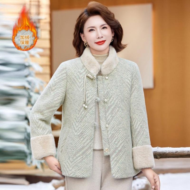 

Одежда для женщин среднего и пожилого возраста, куртка для мамы, осенне-зимние модели, накидка из валяной шерсти с напуском и утолщением, осенне-зимние модели 5XL [recommended 150-80kg] зелёный