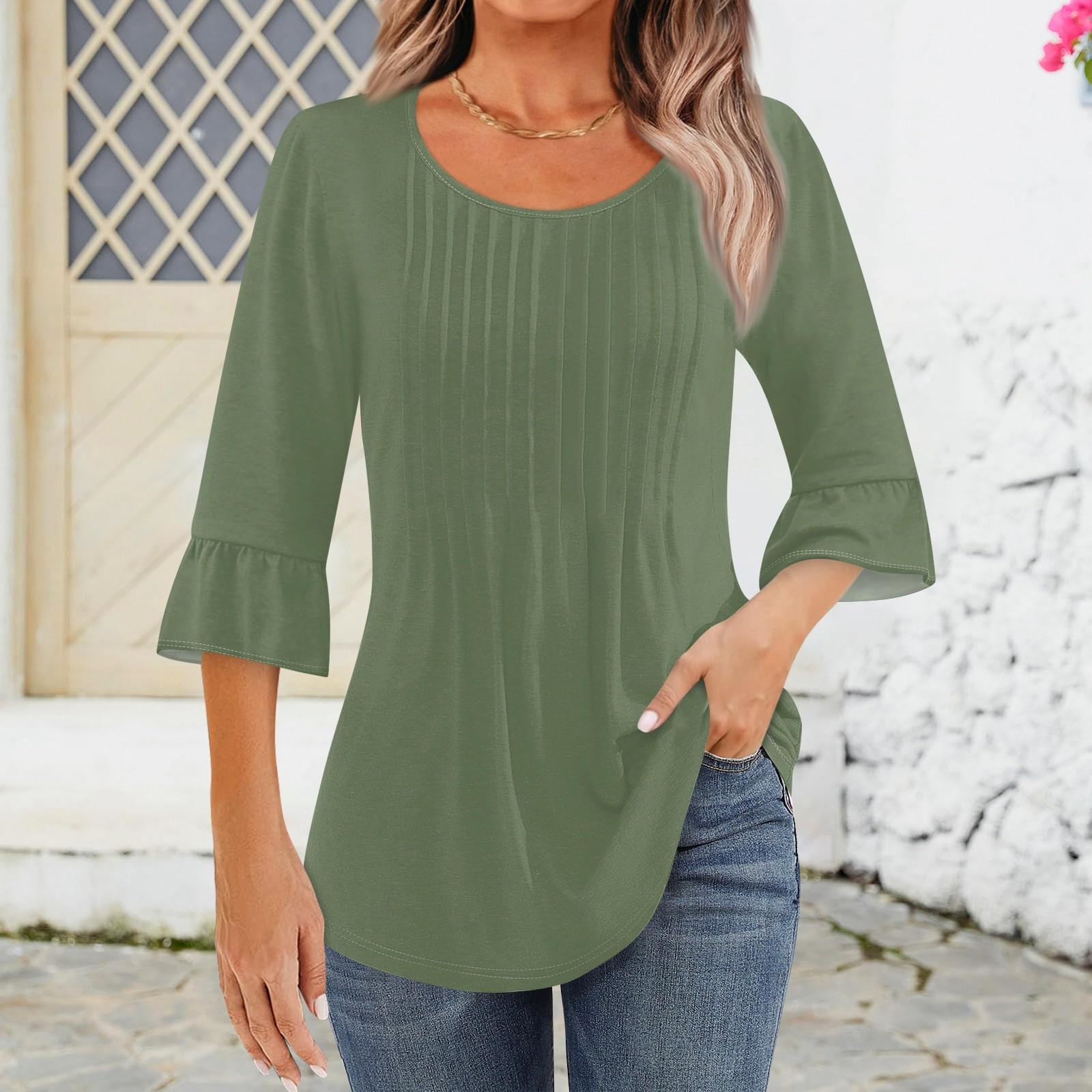 Рубашки с рукавом 3/4 для женщин, топы, нарядные повседневные блузки, плиссированные топы-туники с круглым вырезом XXL
