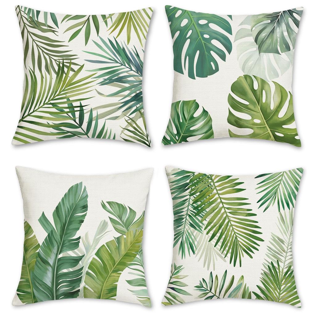 4Pcs Tropical Leaf Cushion Covers, Vibrant Green Monstera & Palm Print Pillow Cases For Sofa Bedroom Living Room 45X45Cm