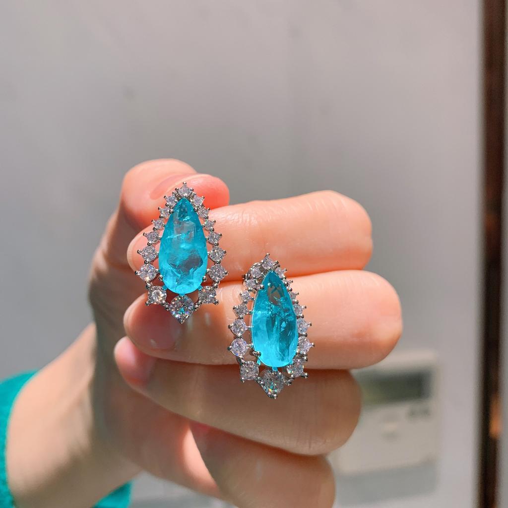 Schmuck Himmelblau Simulation Paraiba, Großes Wassertropfen Schmuckset Ohrstecker 8 * 16 Anhänger 15 * 25