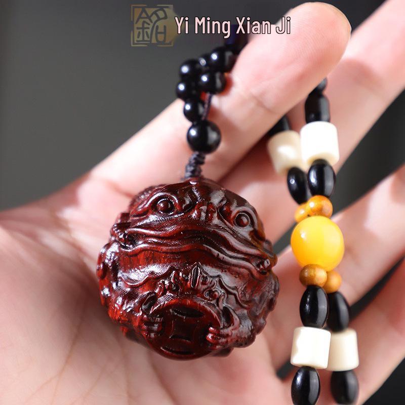 Rosewood Carved Pixiu Ornament: Gourd & Dragon Turtle Handicraft