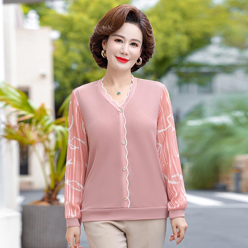 

Chiffon & Lace V-neck Long-sleeve Plus Size Top for Spring & Autumn - Stylish for Middle-aged & Elderly Women 3XL