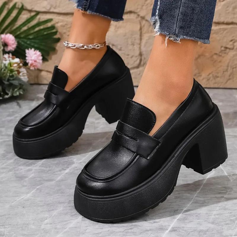Fashion 2025 Hot Sale New Loafers Women's High Heels Round Toe Chunky Heels Classics Daily & Office Pumps Women Slip on Platform Shoes