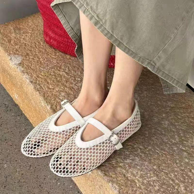 New ballet flats buckle belt mesh hollow breathable spring and summer large size round head fashion shoes