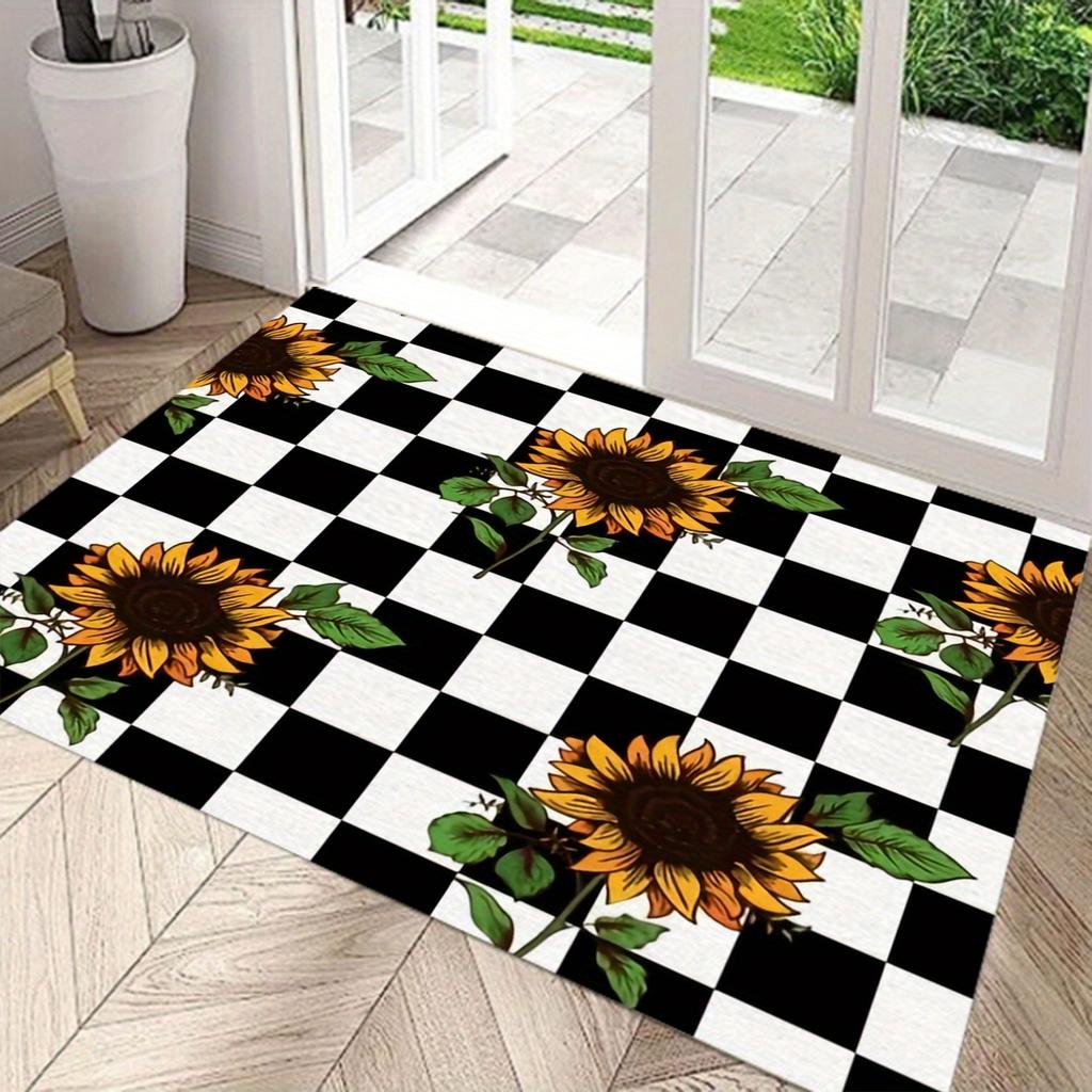 1PC Sunflower Checkered Printed Door Mat Kitchen Mat, Dustproof Carpet, Entrance Mat, Bedroom, Living Room, Garden, Decoration