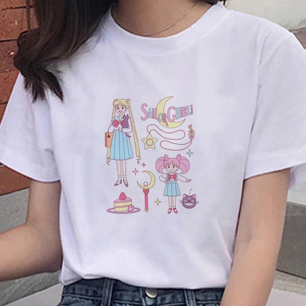 Cartoon Anime Sailor Graphic Moon Print 100 % Baumwolle T-Shirt Mode Goth Girl Kleidung Kurzarm Übergroßes Unisex Frauen T-Shirt Unisex