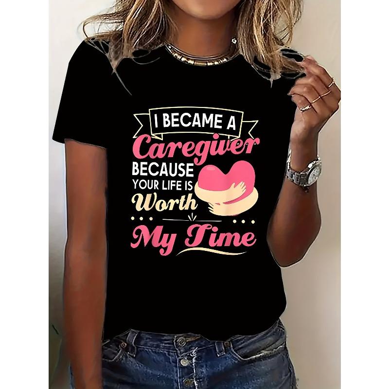 

European Size Comfortable Women S Short Sleeve T-Shirt |Warm Heart Letter Pattern Design, Machine Washable, Casual Crew Neck, Suitable for All Seasons 4XL