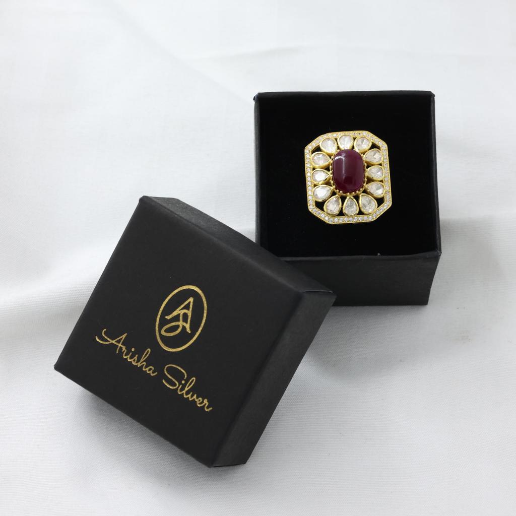 Kundan Gold Plated Ring, Adjustable Ring, 925 Sterling Silver Handmade Jewelry, Moissanite Ring Indian Women Jewelry Polki Ring