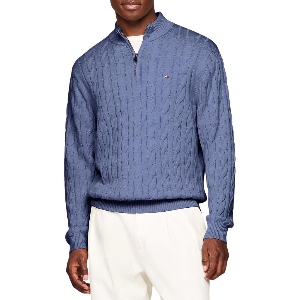 Tommy Hilfiger Logo Fashion Embroidered Pattern Half-Zip Pullover Stand Collar Cable Knit Sweater Comfortable Versatile Warm Men Sweater 78JB175-420