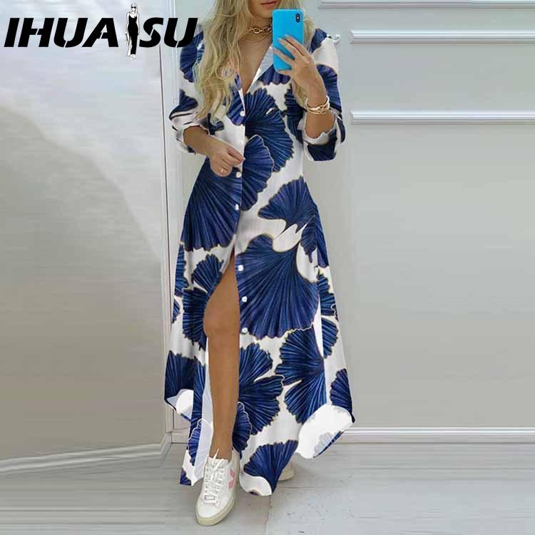 IHUASU Rochie Cămașă cu Imprimeu Temperamental de Primăvară Toamnă pentru Femei, cu Nasturi Simpli, Rochie Cămașă Deschisă, Rochie Lungă Casual