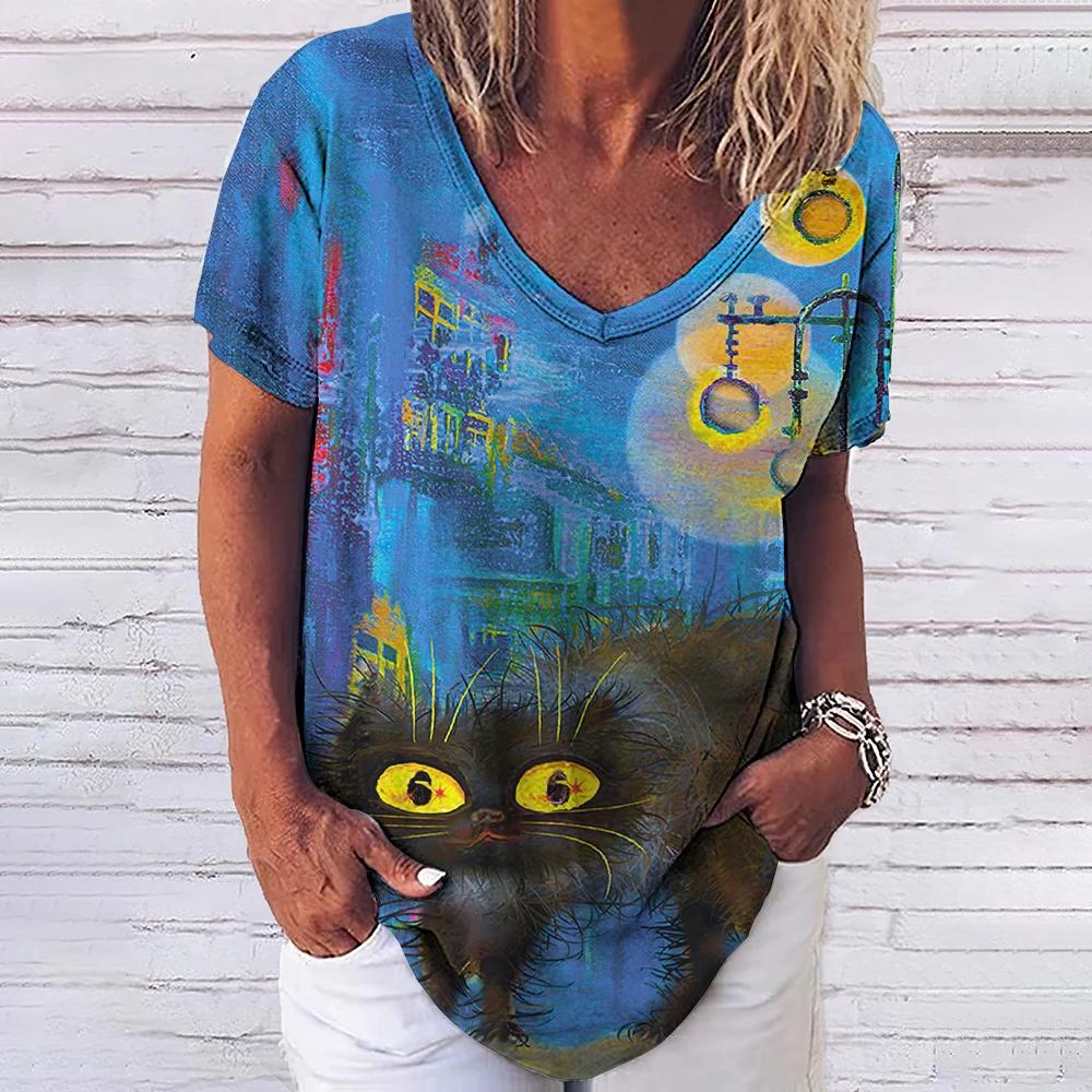 Women's T-shirt 3D Fashionable Cat Print V-neck Short Sleeved Basic Top Street Wear Summer Casual Loose Fitting Women's Clothing