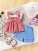 Summer Baby Girl Checkered Lace Trimmed Short Sleeve Two Piece Set with Bow and Mushroom Embroidery